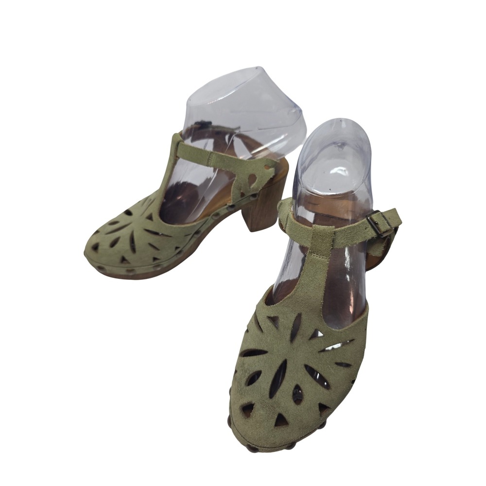 Eric Michael Sage Green Suede Floral Cutout Wood PlatformClogs MadePortugal 37